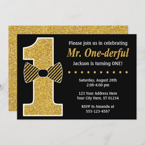 Mr ONEderful Birthday Invitation  Black and Gold