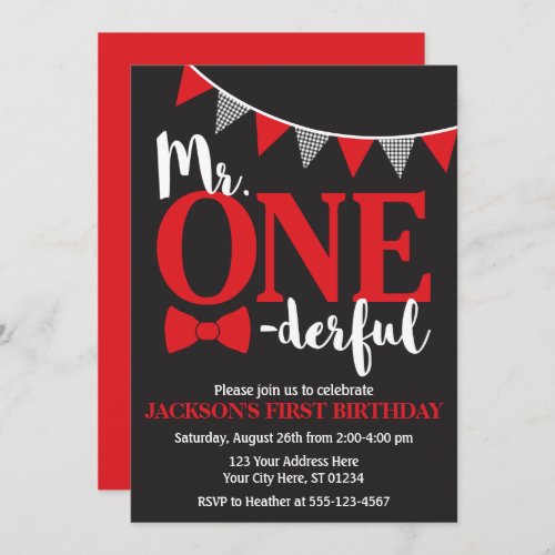 Mr ONEderful Birthday Invitation  Black and Red