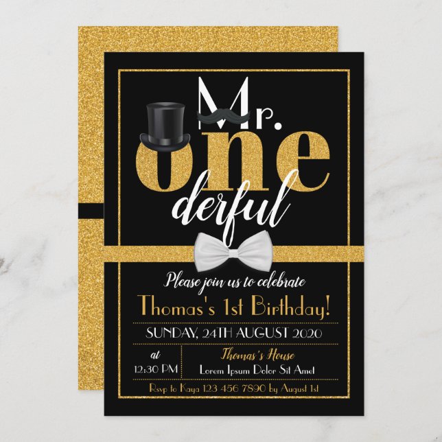 Mr. Onederful Birthday Invitation Black & Gold (Front/Back)