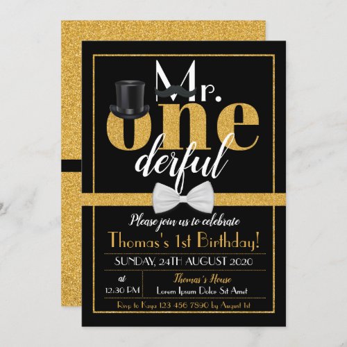 Mr Onederful Birthday Invitation Black  Gold