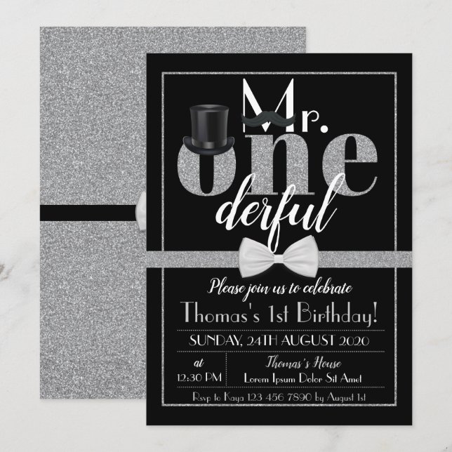 Mr. Onederful Birthday Invitation Black & White (Front/Back)