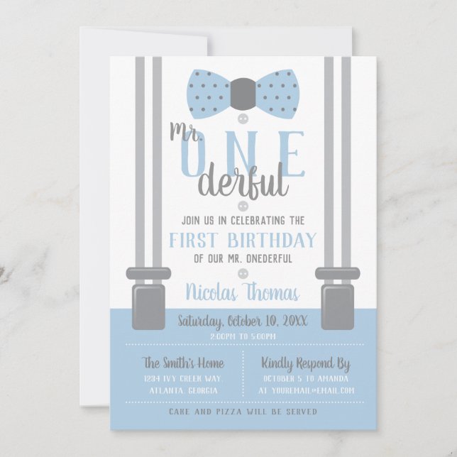 Mr. ONEderful Birthday Invitation, Blue, Gray Invitation (Front)