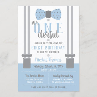 Mr. ONEderful Birthday Invitation, Blue, Gray Invitation