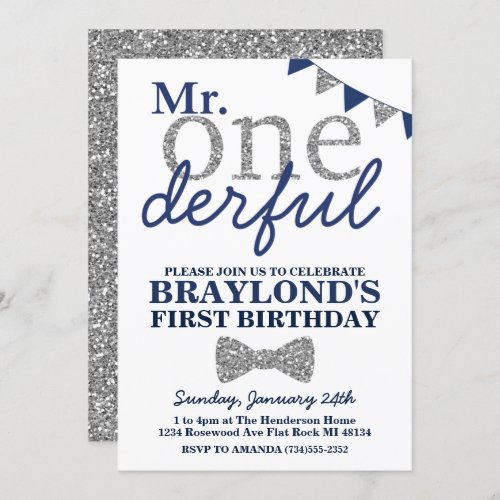 Mr Onederful Birthday Invitation Blue  Silver Invitation