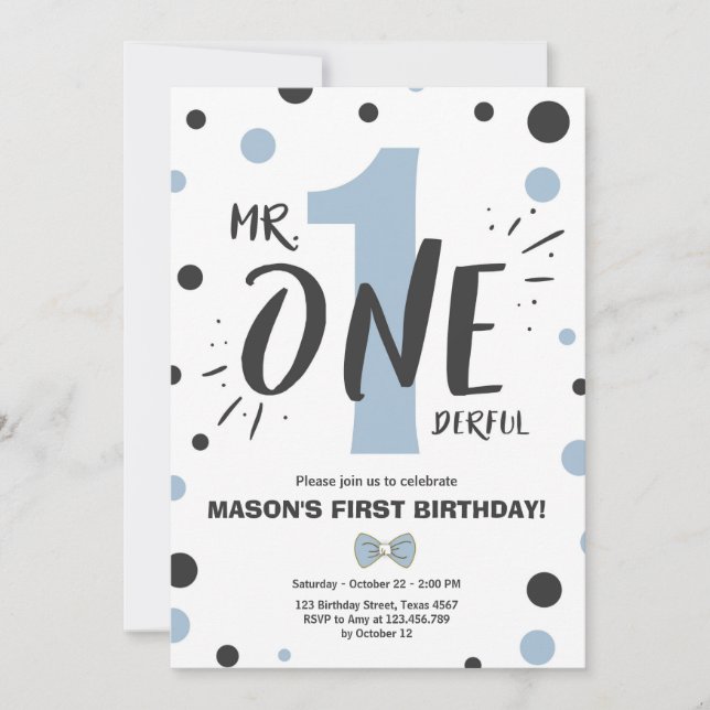 Mr onederful birthday invitation Boy Black Blue (Front)