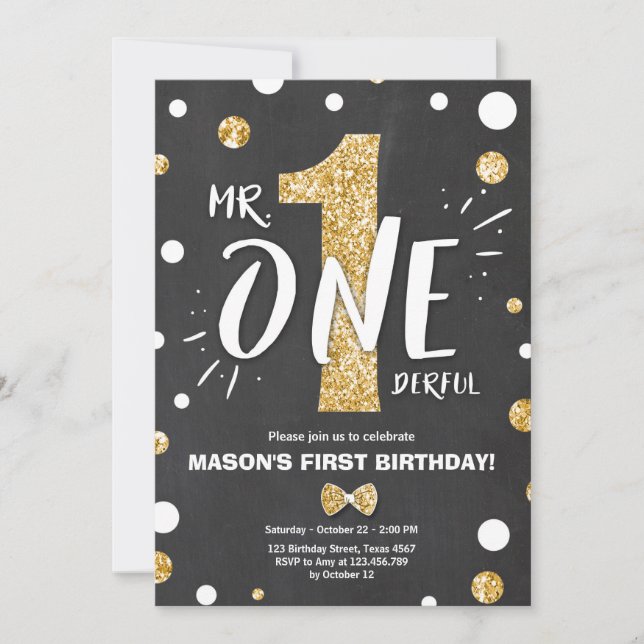 Mr onederful birthday invitation Boy Black Gold (Front)