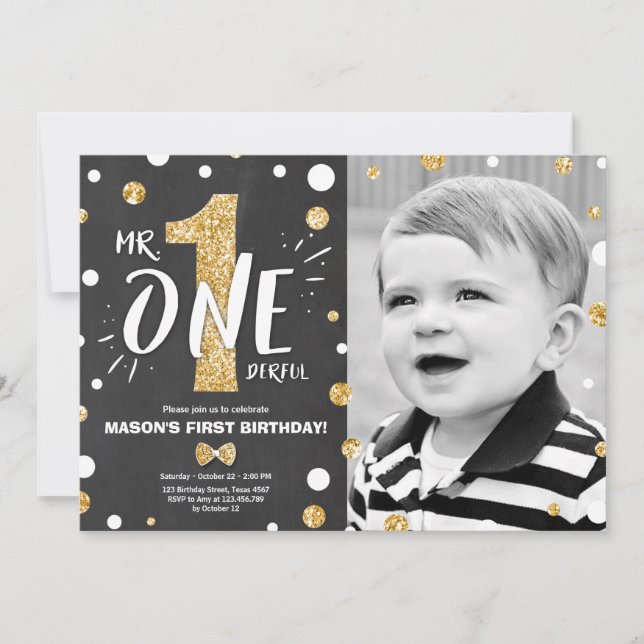 Mr onederful birthday invitation Boy Black Gold (Front)