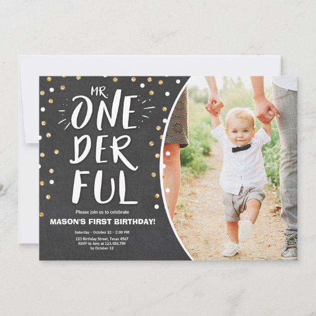 Mr onederful birthday invitation Boy Black Gold (Front)