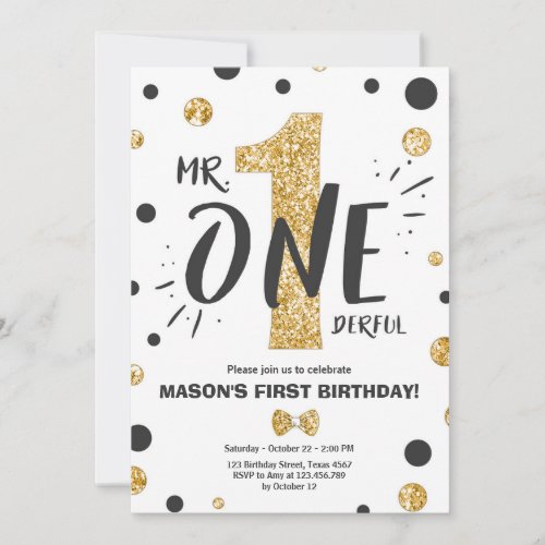 Mr onederful birthday invitation Boy Black Gold
