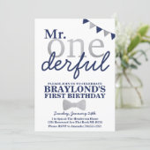 Mr Onederful Birthday Invitation (navy & silver) (Standing Front)