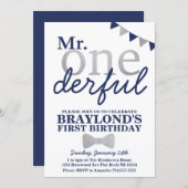 Mr Onederful Birthday Invitation (navy & silver) (Front/Back)