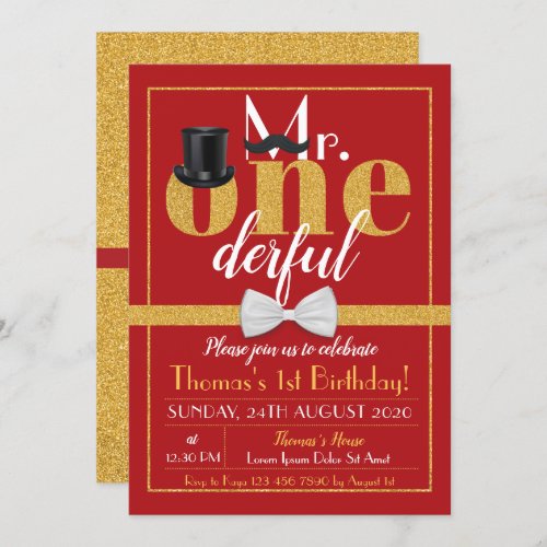 Mr Onederful Birthday Invitation Red  Gold