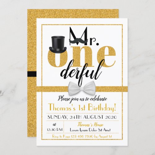 Mr Onederful Birthday Invitation White  Gold