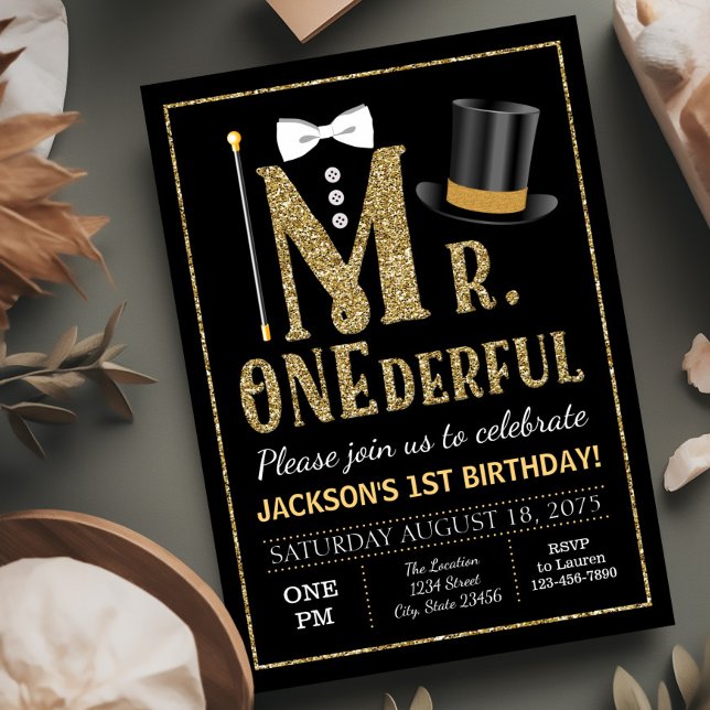 Mr ONEderful Birthday Party Invitation (Boy first birthday invitation. Mr. Onederful birthday party invitation with cute top hat, vest, tie.)