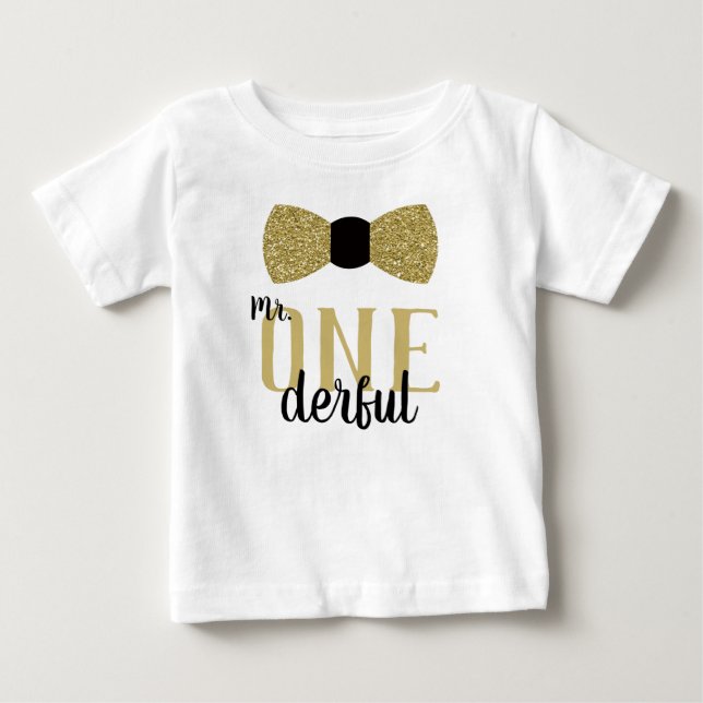Mr ONEderful Birthday Shirt in Black and Faux Gold (Front)
