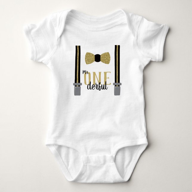 Mr ONEderful Birthday Shirt in Black and Faux Gold (Front)