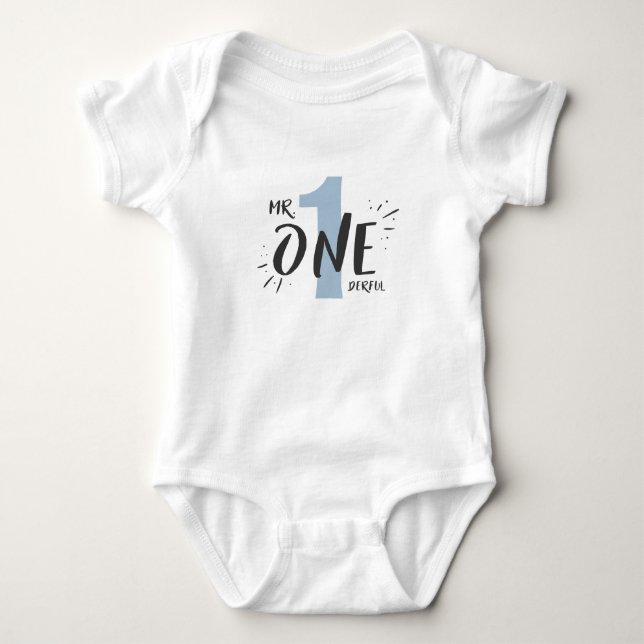 Mr Onederful Birthday Shirt Romper Boy Baby Blue (Front)