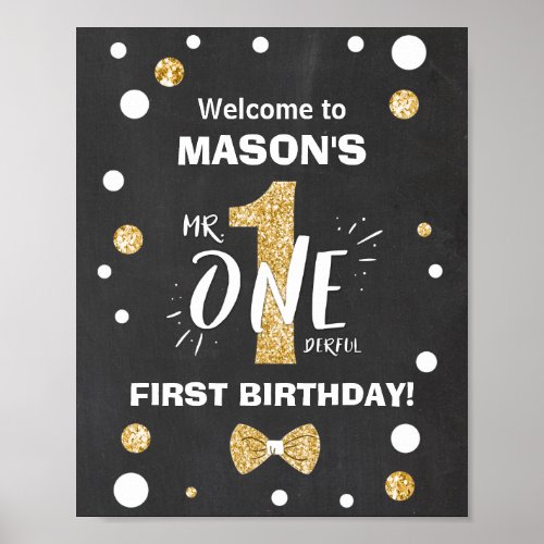 Mr Onederful Birthday Welcome Sign Boy Black Gold