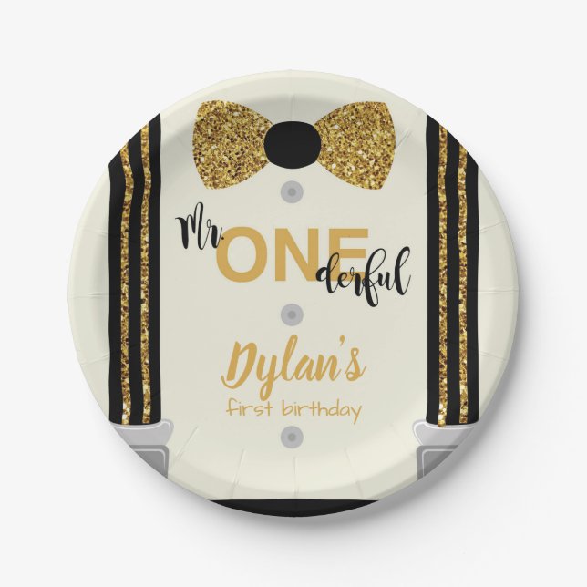 Mr Onederful black and gold bow tie Paper Plates (Front)