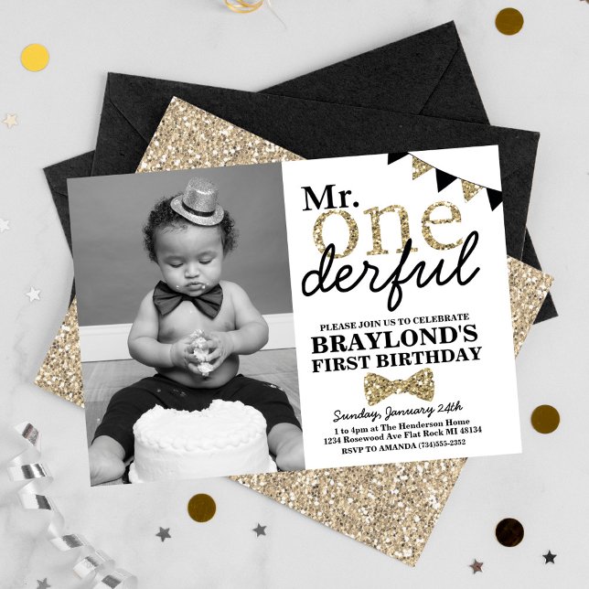 Mr Onederful Black and Gold First Birthday Photo Invitation (Creator Uploaded)