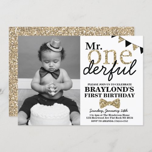 Mr Onederful Black and Gold First Birthday Photo Invitation