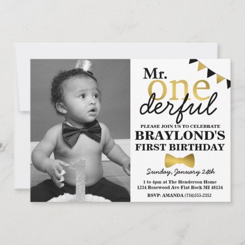 Mr Onederful Black and Gold Invitation with Photo
