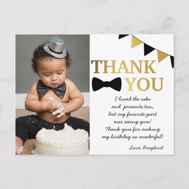 Mr Onederful Black and Gold Thank You Postcard (Front)