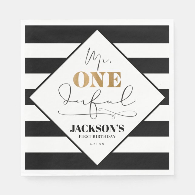 Mr. Onederful Black and White Striped Paper Napkin (Front)