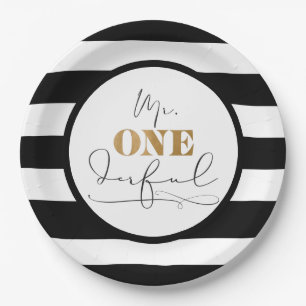 Mr. Onederful Black and White Striped Paper Plates