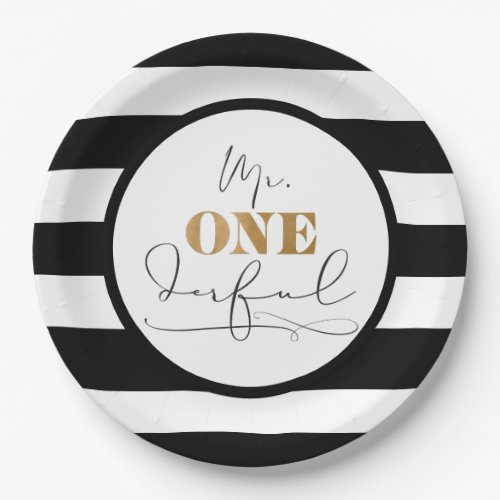 Mr Onederful Black and White Striped Paper Plates