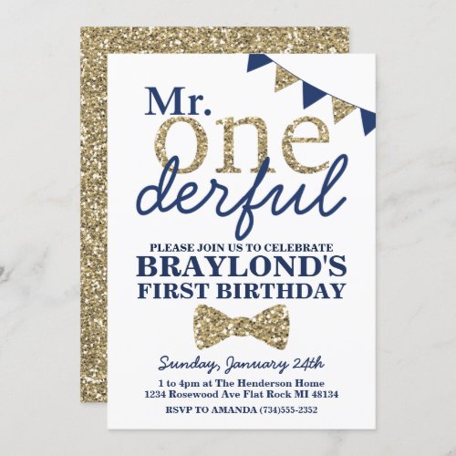 Mr Onederful Blue and Gold First Birthday Invitati Invitation