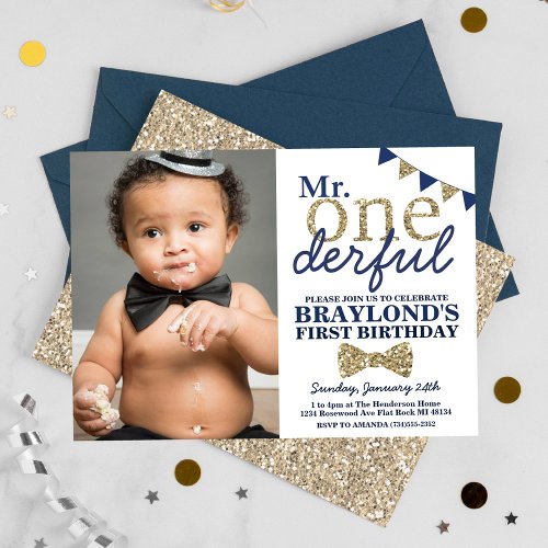 Mr Onederful Blue and Gold First Birthday Photo Invitation