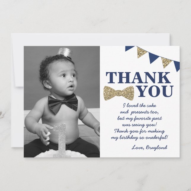 Mr Onederful Blue and Gold First Birthday Photo Thank You Card (Front)