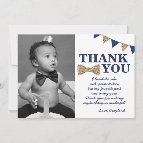 Mr Onederful Blue and Gold First Birthday Photo Thank You Card