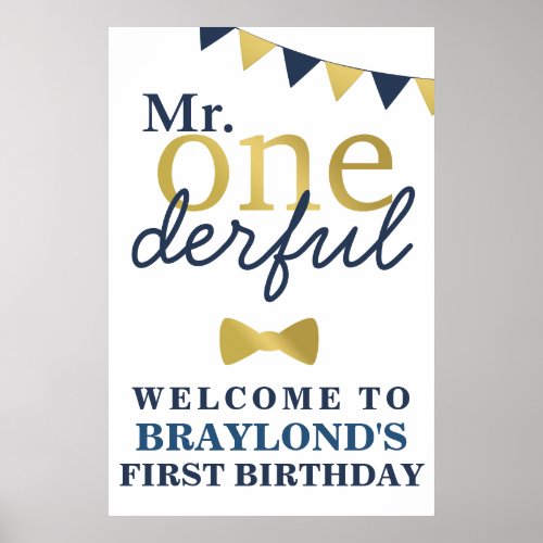 Mr Onederful Blue and Gold First Birthday Welcome Poster