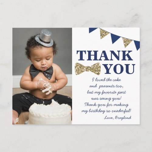 Mr Onederful Blue and Gold Thank You Postcard