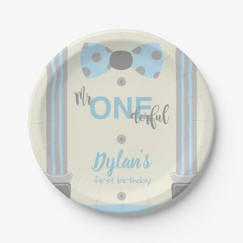 Mr Onederful blue and grey bow tie Paper Plates