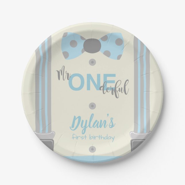 Mr Onederful blue and grey bow tie Paper Plates (Front)