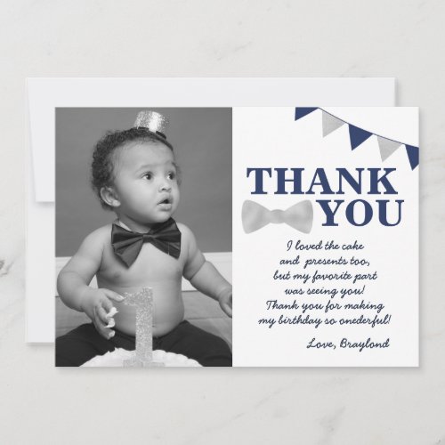 Mr Onederful Blue and Silver First Birthday Photo Thank You Card