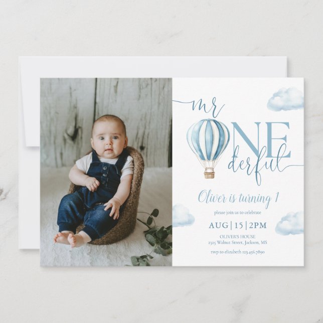 Mr Onederful Blue Balloon Boy Photo 1st Birthday Invitation (Front)