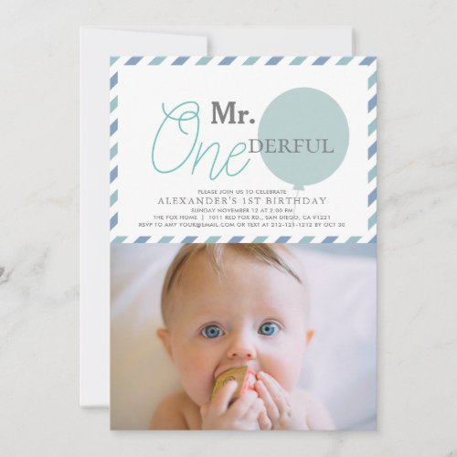 Mr ONEderful Blue Balloon Photo 1st Birthday Invitation