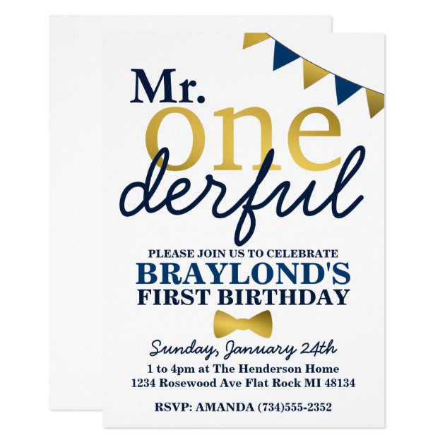 Mr Onederful Blue & Gold 1st Birthday Invitation