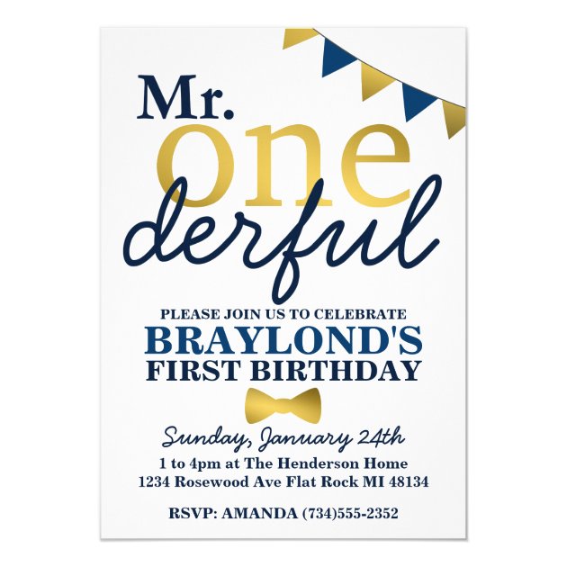 Mr Onederful Blue & Gold 1st Birthday Invitation