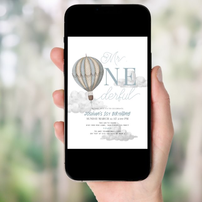 Mr. Onederful Blue Hot Air Balloon 1st Birthday Invitation (Front Digital)