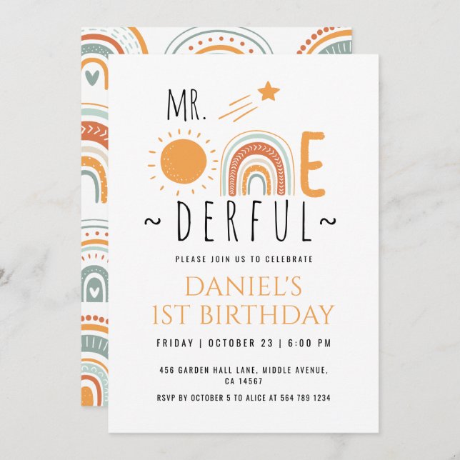 MR Onederful Boho Rainbow First Birthday Boy Invitation (Front/Back)