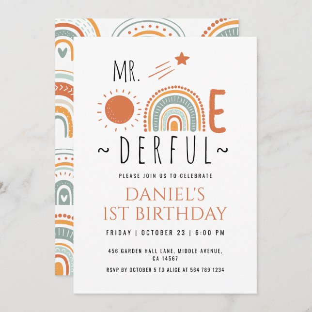 MR Onederful Boho Rainbow First Birthday Boy Invitation (Front/Back)