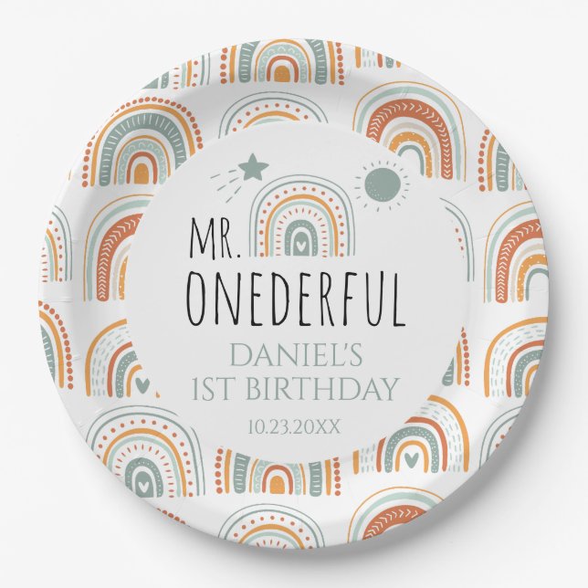 MR Onederful Boho Rainbow First Birthday Green Paper Plates (Front)