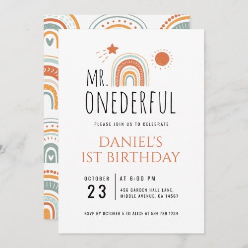 MR Onederful Boho Rainbow First Birthday Invitation