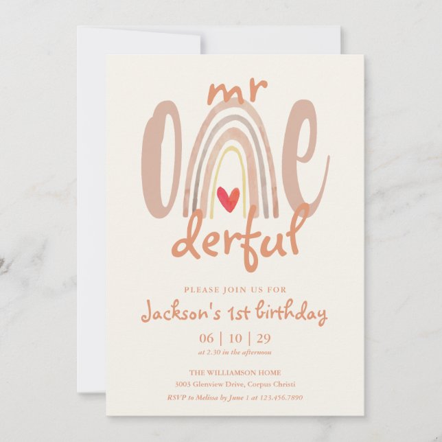 Mr Onederful Boho Rainbow Heart 1st Birthday Invitation (Front)