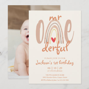 Mr Onederful Boho Rainbow Heart Photo 1st Birthday Invitation